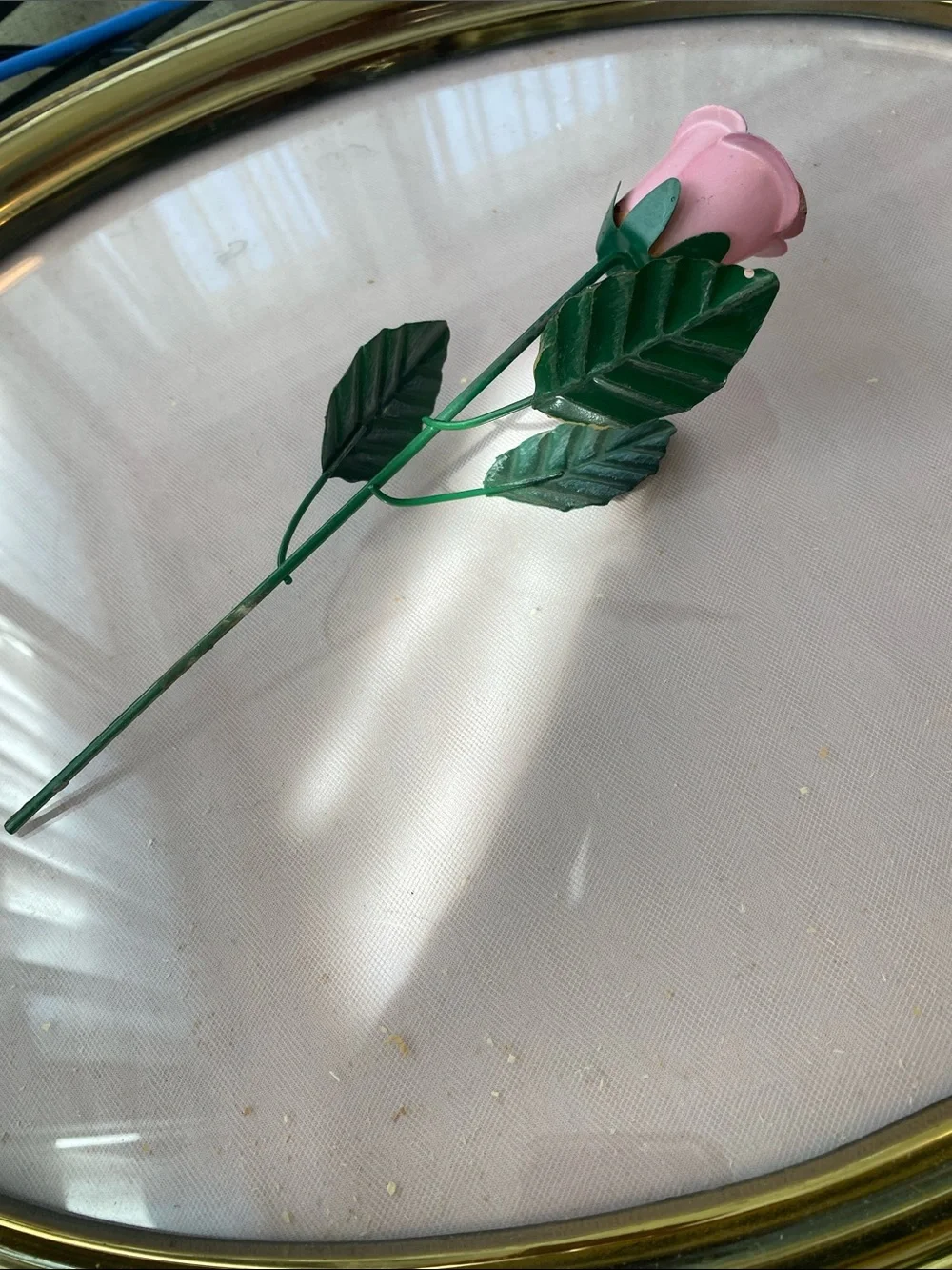 Vintage Decorative Pink Metal Rose Stem in Green Leaves